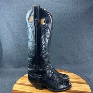 Vtg Dan Post Womens 6.5B Black Leather Tall Western 17" Cowgirl Boots Pull Hole